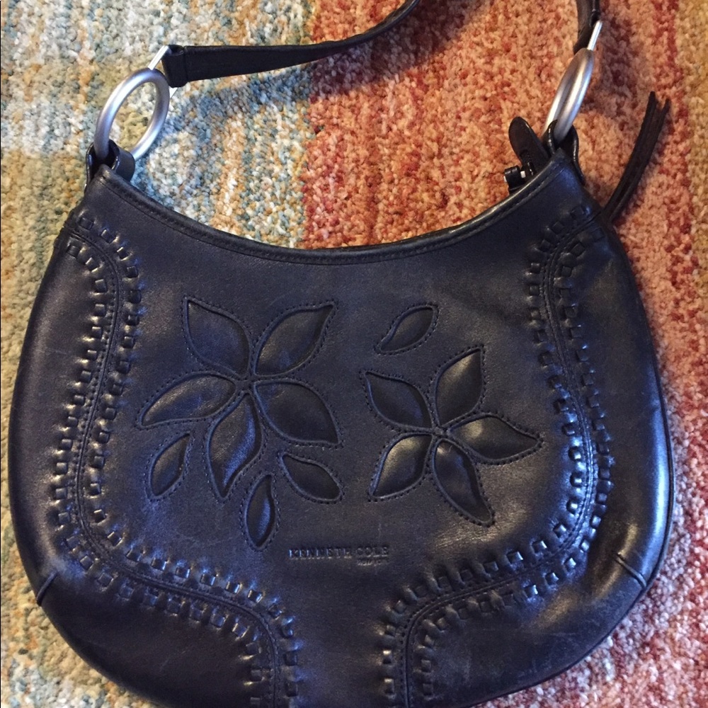 Kenneth Cole black flowers leather hobo handbag